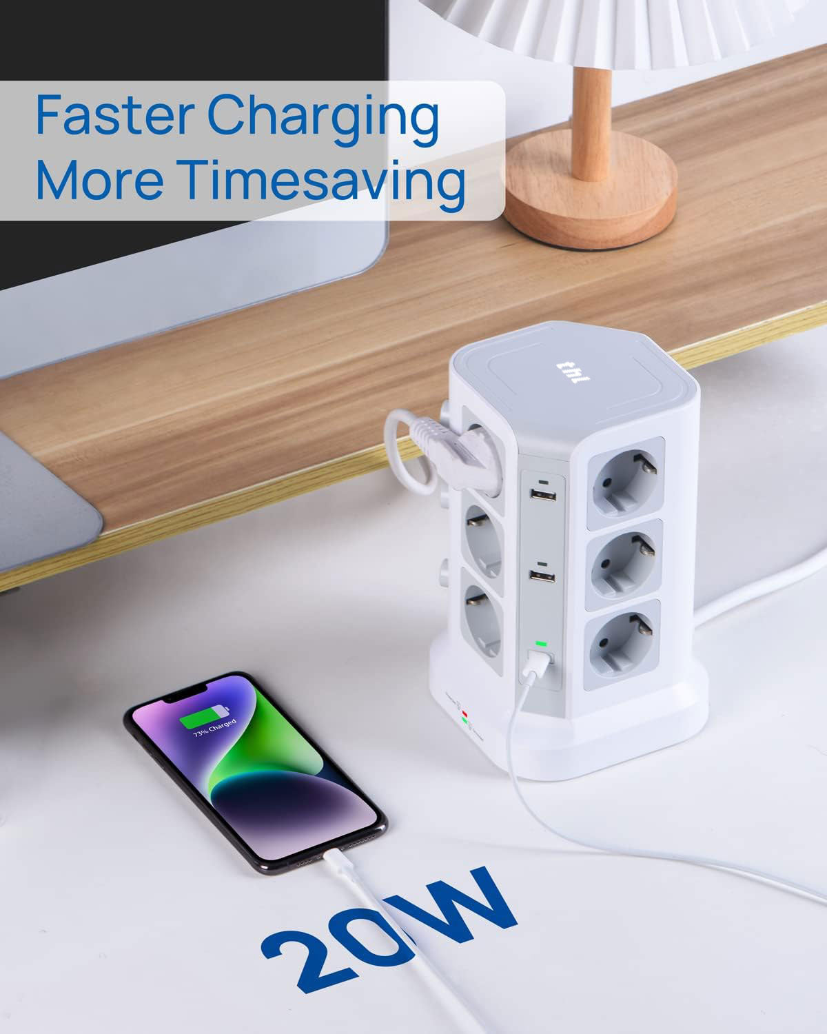 THL 2 Ports [20 W USB-C] Power Strip Surge Protection (3680 W/16 A), 12 Way Multiple Socket Supports PD3.0 and 4 USB A, Socket Tower with Switch Ideal for Table Home, 2 m