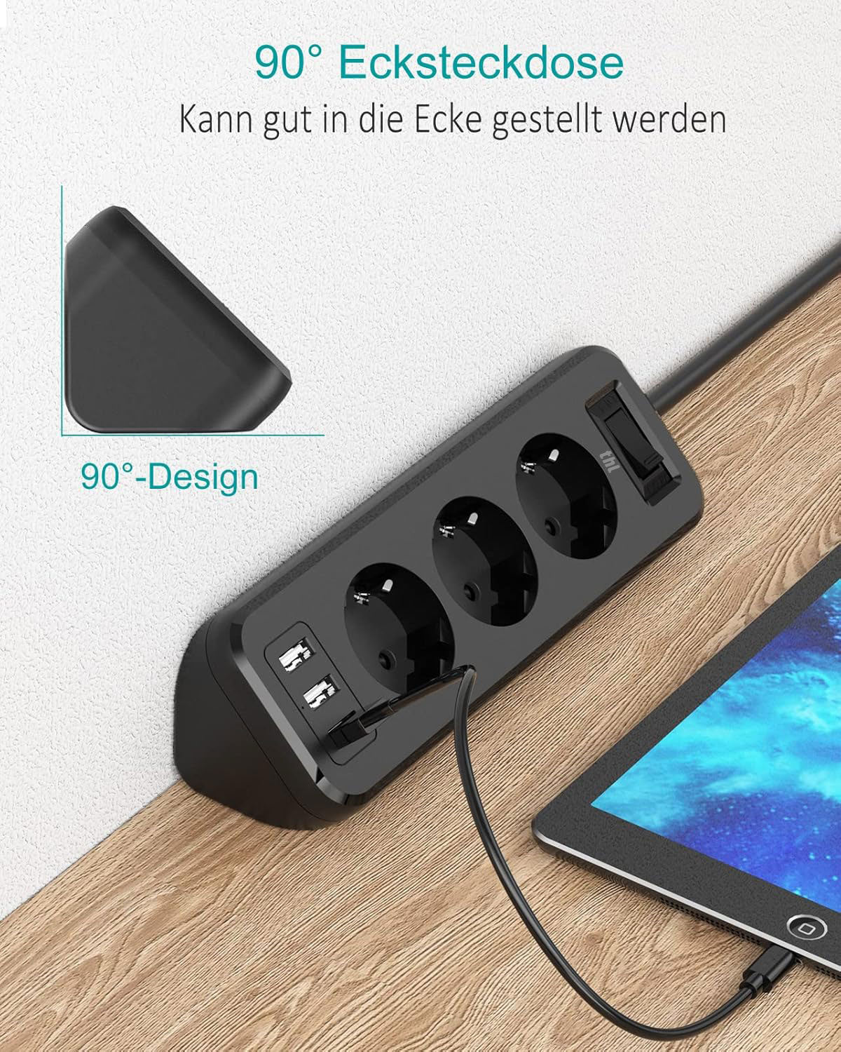 THL 3-Way Power Strip with 3 USB, Multifunctional Distributor Socket, Corner Socket with Switch, Multiple Socket, Overload Protection with 1.8 m Extension Cable for Kitchen