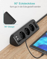 THL 3-Way Power Strip with 3 USB, Multifunctional Distributor Socket, Corner Socket with Switch, Multiple Socket, Overload Protection with 1.8 m Extension Cable for Kitchen