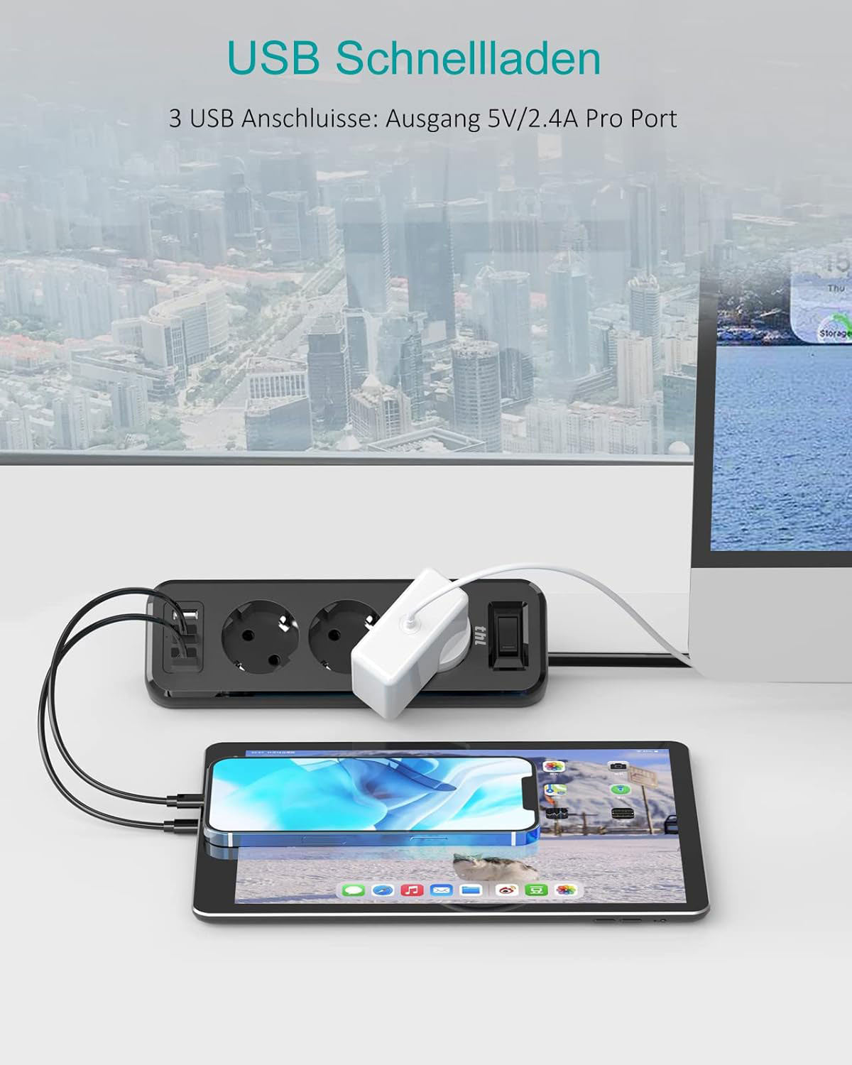 THL 3-Way Power Strip with 3 USB, Multifunctional Distributor Socket, Corner Socket with Switch, Multiple Socket, Overload Protection with 1.8 m Extension Cable for Kitchen