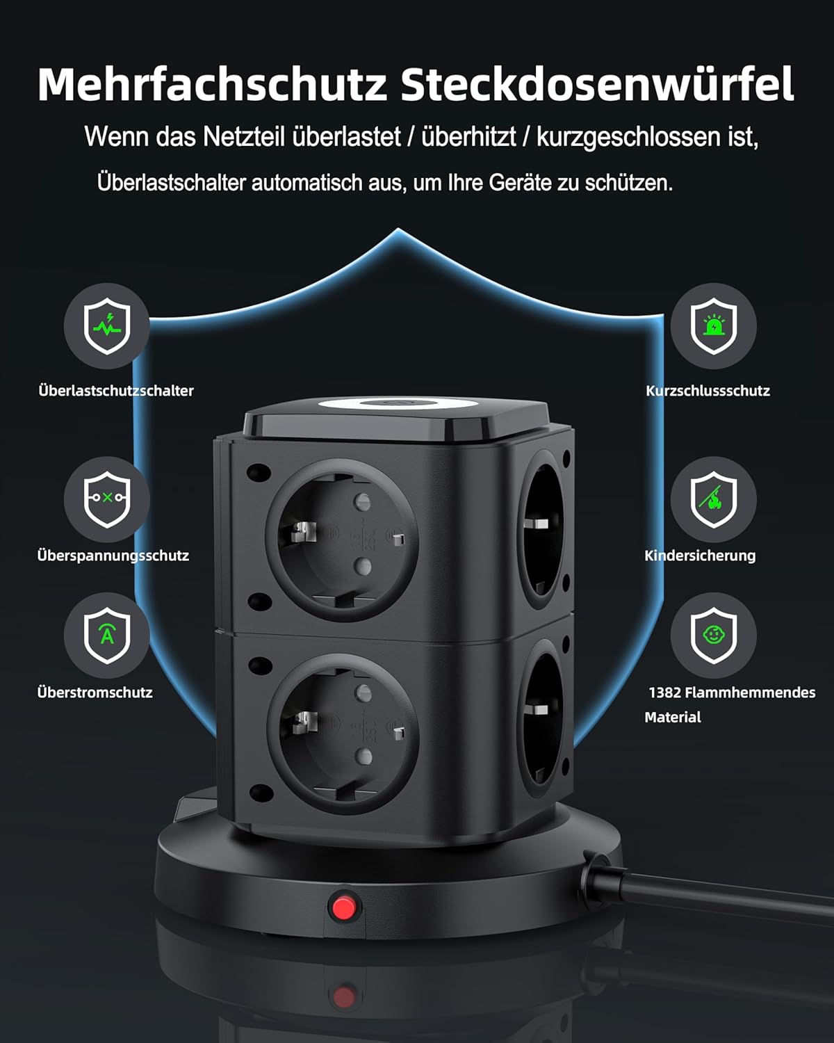 THL 8-Way Multiple Socket, 3680 W Power Strip with USB, LED Socket Tower Plug Strip with Switch, Multiple Plug Surge Protection, 1.8 m Extension Cable, Distribution Socket for Office