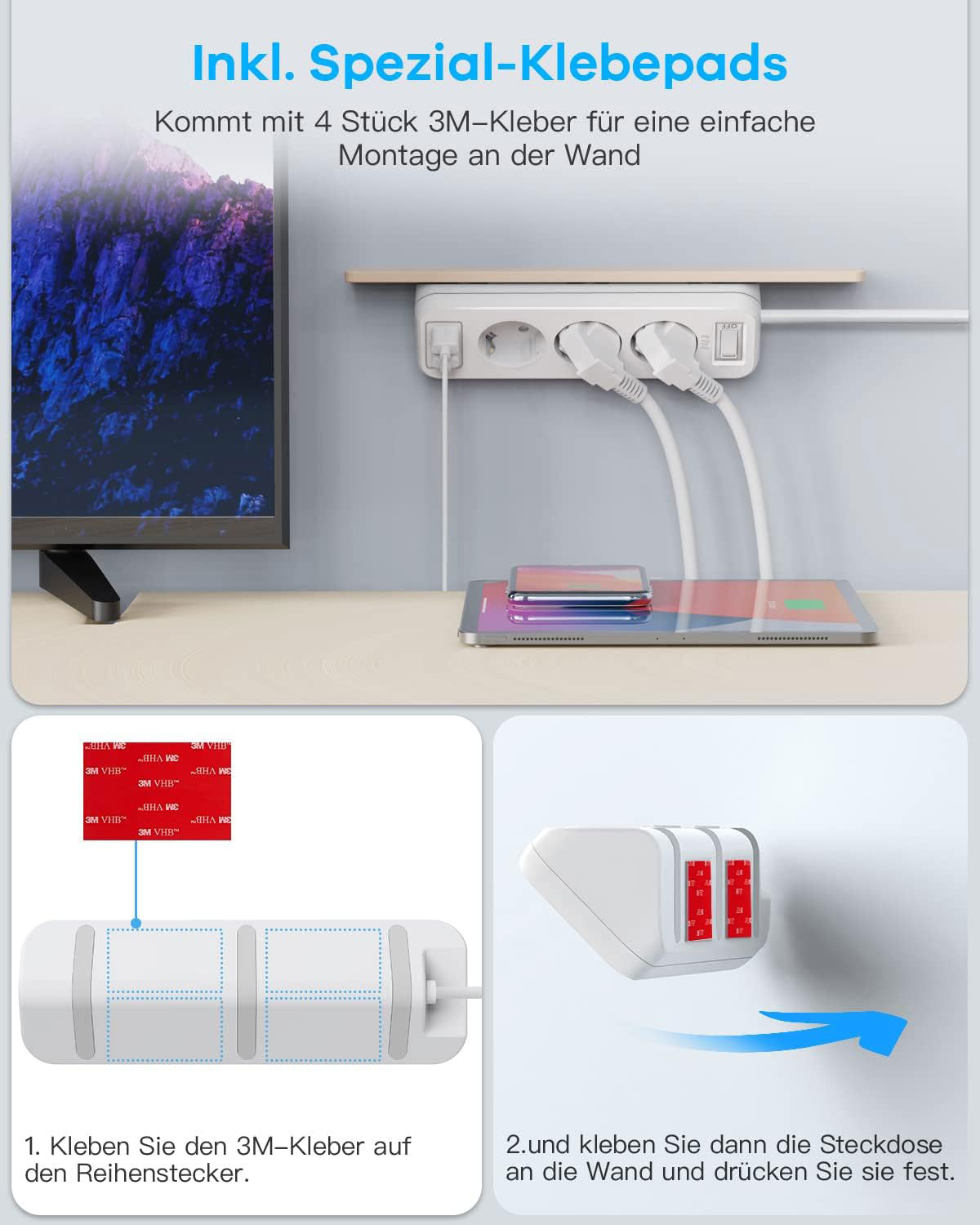 THL 3-Way Power Strip with 3 USB, Multifunctional Distributor Socket, Corner Socket with Switch, Multiple Socket, Overload Protection with 1.8 m Extension Cable for Kitchen
