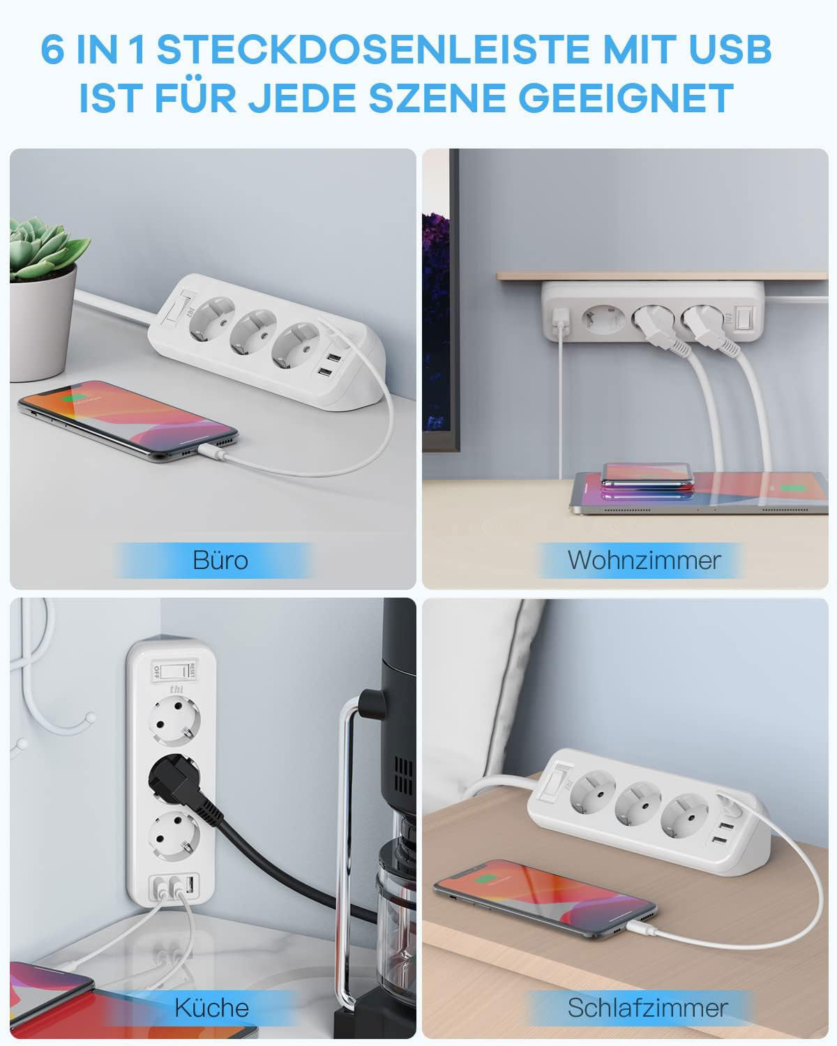 THL 3-Way Power Strip with 3 USB, Multifunctional Distributor Socket, Corner Socket with Switch, Multiple Socket, Overload Protection with 1.8 m Extension Cable for Kitchen