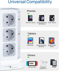 THL 2 Ports [20 W USB-C] Power Strip Surge Protection (3680 W/16 A), 12 Way Multiple Socket Supports PD3.0 and 4 USB A, Socket Tower with Switch Ideal for Table Home, 2 m