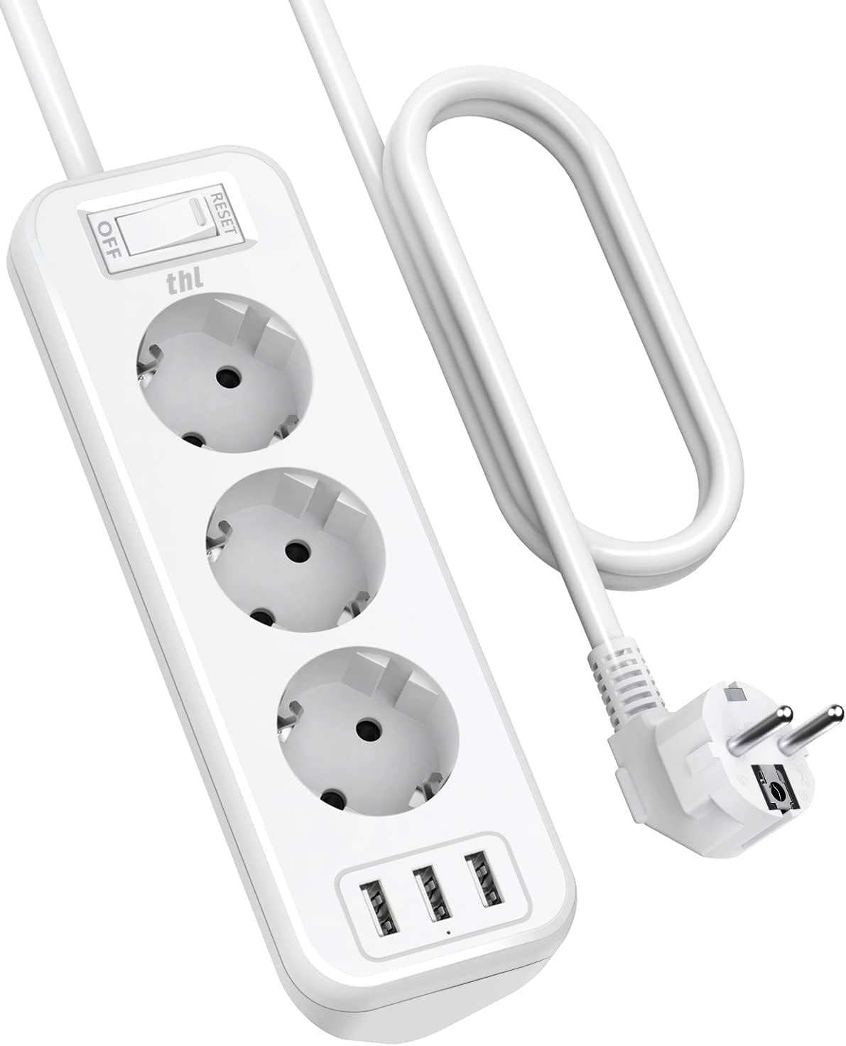 THL 3-Way Power Strip with 3 USB, Multifunctional Distributor Socket, Corner Socket with Switch, Multiple Socket, Overload Protection with 1.8 m Extension Cable for Kitchen