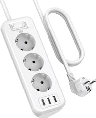 THL 3-Way Power Strip with 3 USB, Multifunctional Distributor Socket, Corner Socket with Switch, Multiple Socket, Overload Protection with 1.8 m Extension Cable for Kitchen