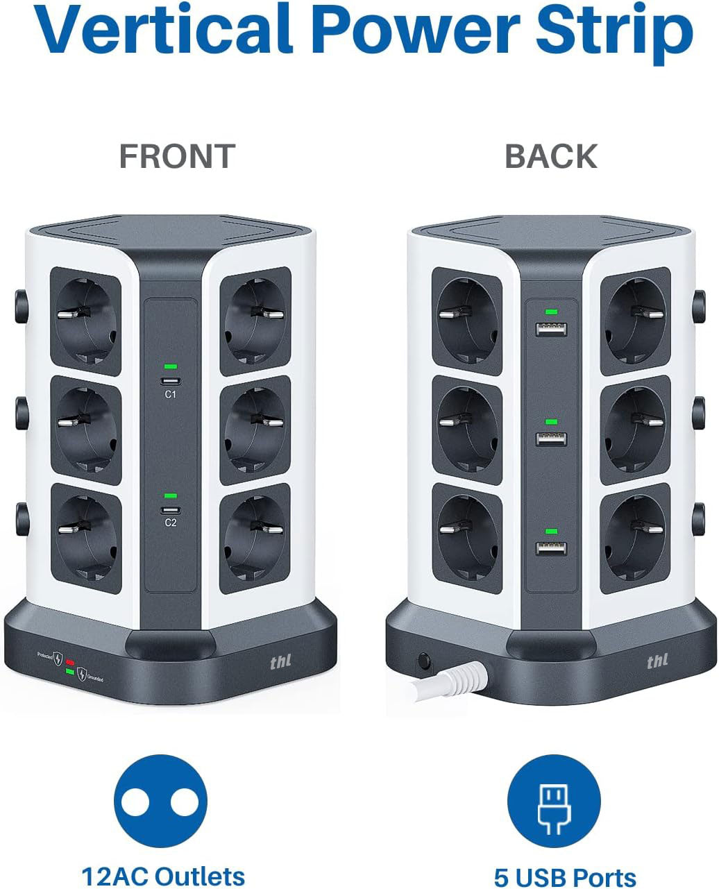 THL [65 W USB C]  12-Way Power Strip Surge Protection with 2 Ports PD Multiple Socket Supports PD3.0/PPS, Socket Tower with 3 USB A (3680 W/16 A) Ideal for Office Table Home, 2 m