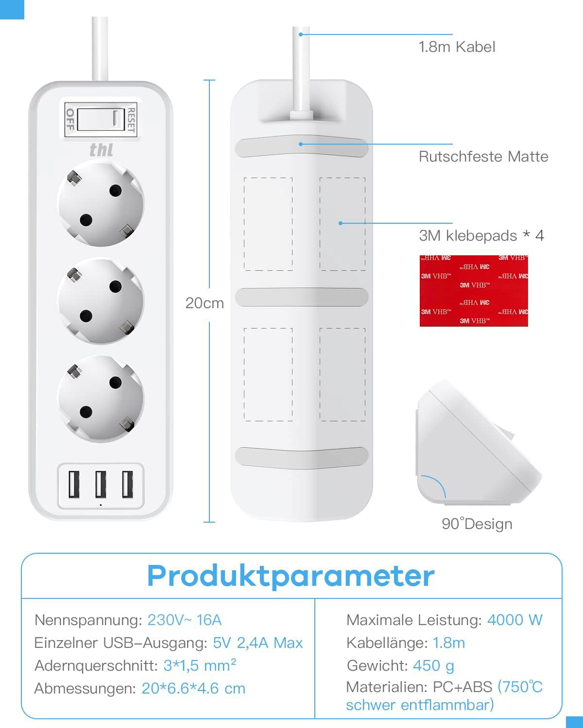 THL 3-Way Power Strip with 3 USB, Multifunctional Distributor Socket, Corner Socket with Switch, Multiple Socket, Overload Protection with 1.8 m Extension Cable for Kitchen