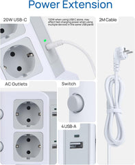 THL 2 Ports [20 W USB-C] Power Strip Surge Protection (3680 W/16 A), 12 Way Multiple Socket Supports PD3.0 and 4 USB A, Socket Tower with Switch Ideal for Table Home, 2 m