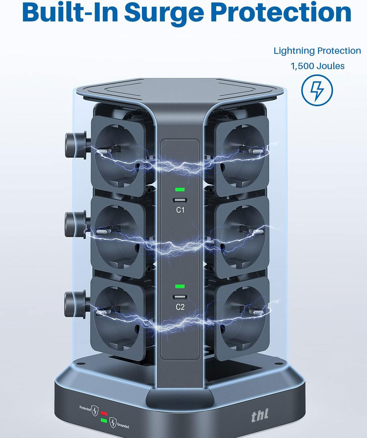 THL [65 W USB C]  12-Way Power Strip Surge Protection with 2 Ports PD Multiple Socket Supports PD3.0/PPS, Socket Tower with 3 USB A (3680 W/16 A) Ideal for Office Table Home, 2 m