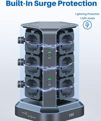 THL [65 W USB C]  12-Way Power Strip Surge Protection with 2 Ports PD Multiple Socket Supports PD3.0/PPS, Socket Tower with 3 USB A (3680 W/16 A) Ideal for Office Table Home, 2 m