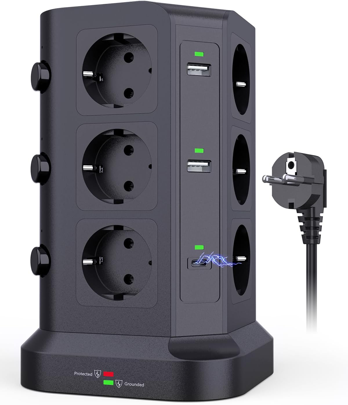 THL 2 Ports [20 W USB-C] Power Strip Surge Protection (3680 W/16 A), 12 Way Multiple Socket Supports PD3.0 and 4 USB A, Socket Tower with Switch Ideal for Table Home, 2 m