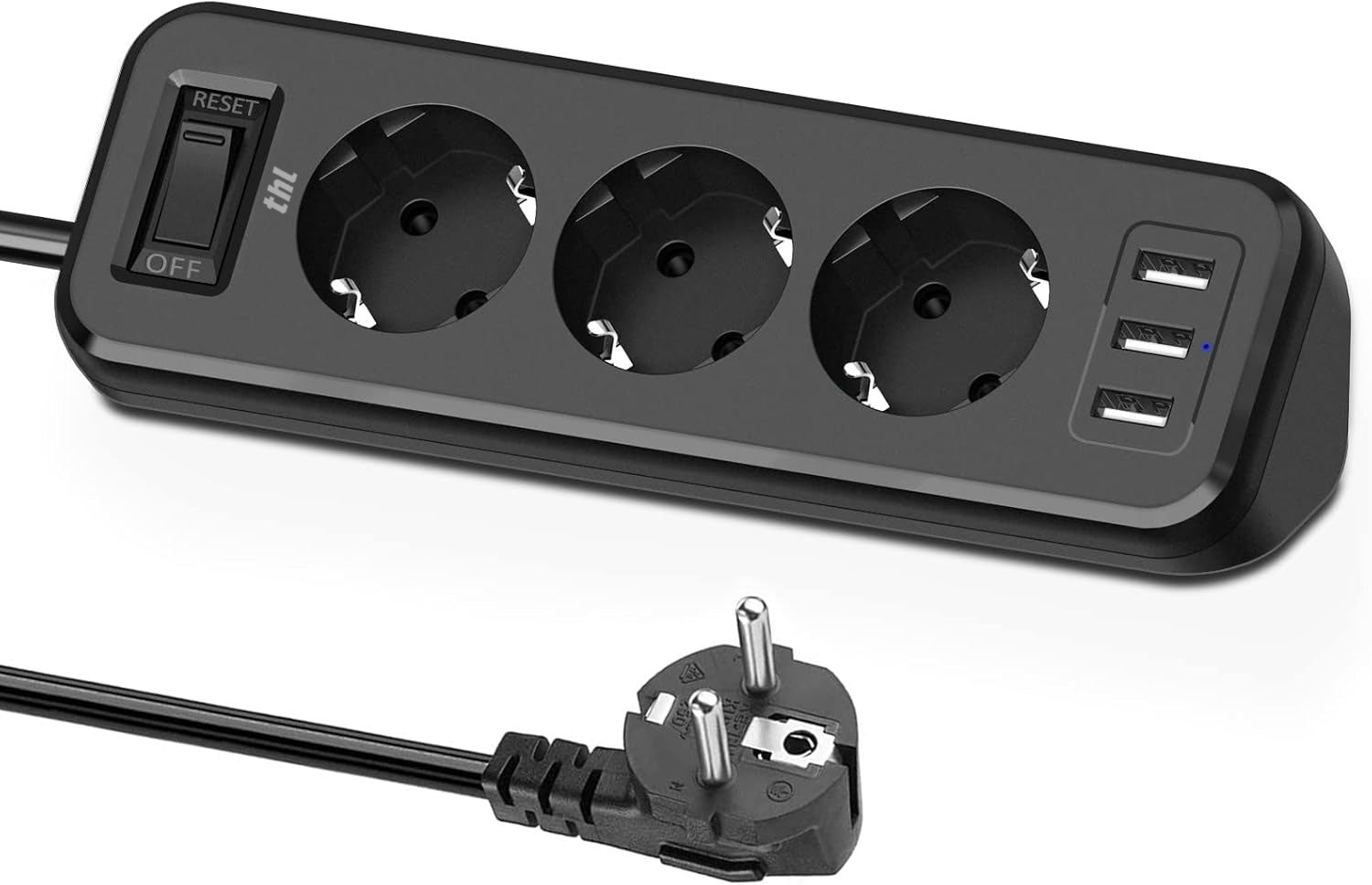 THL 3-Way Power Strip with 3 USB, Multifunctional Distributor Socket, Corner Socket with Switch, Multiple Socket, Overload Protection with 1.8 m Extension Cable for Kitchen