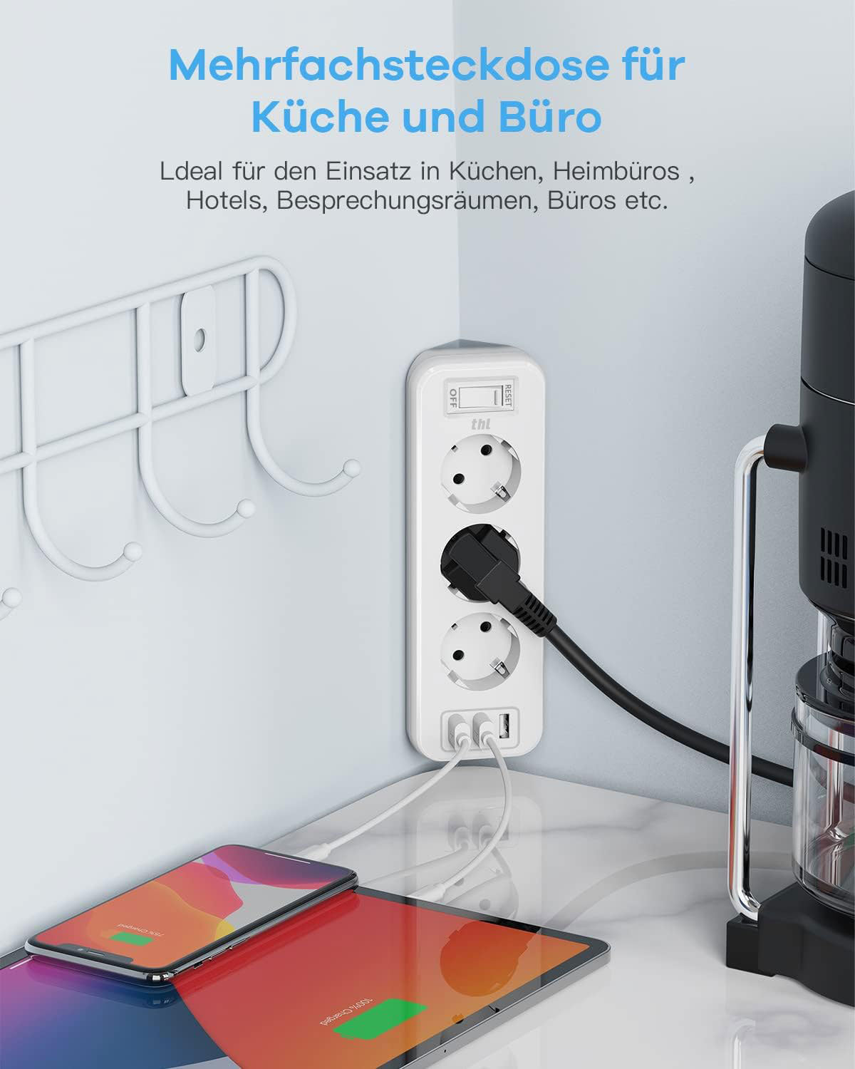 THL 3-Way Power Strip with 3 USB, Multifunctional Distributor Socket, Corner Socket with Switch, Multiple Socket, Overload Protection with 1.8 m Extension Cable for Kitchen