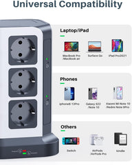 THL [65 W USB C]  12-Way Power Strip Surge Protection with 2 Ports PD Multiple Socket Supports PD3.0/PPS, Socket Tower with 3 USB A (3680 W/16 A) Ideal for Office Table Home, 2 m