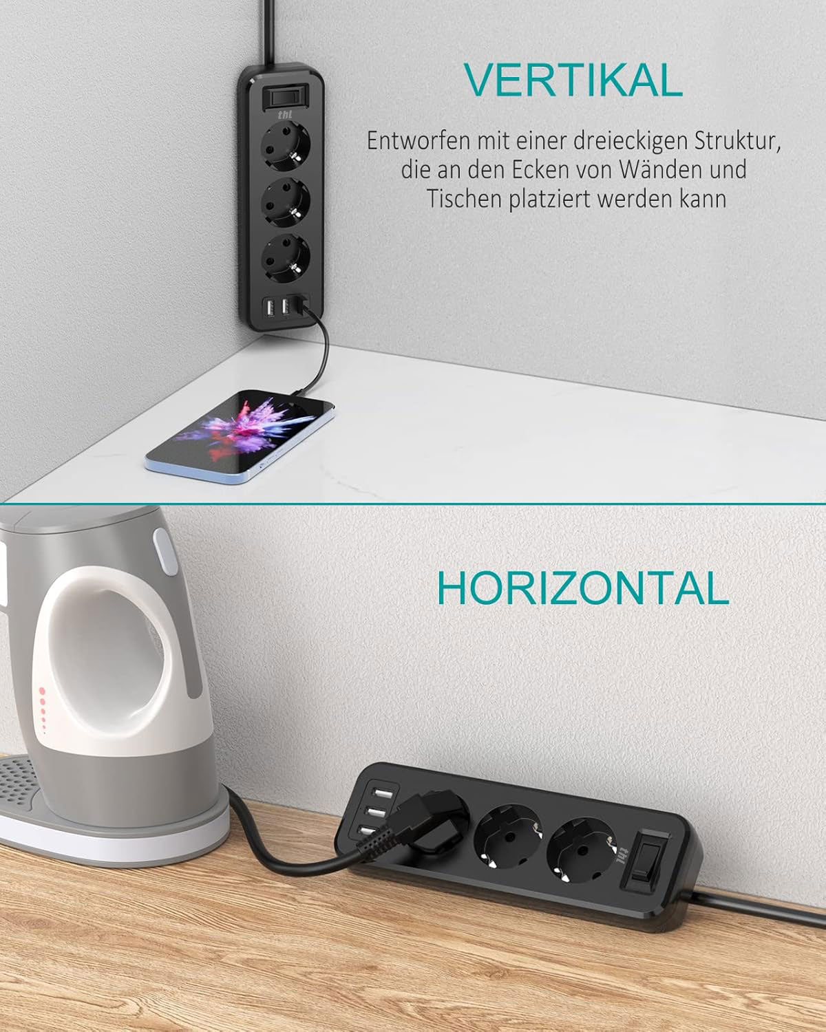 THL 3-Way Power Strip with 3 USB, Multifunctional Distributor Socket, Corner Socket with Switch, Multiple Socket, Overload Protection with 1.8 m Extension Cable for Kitchen