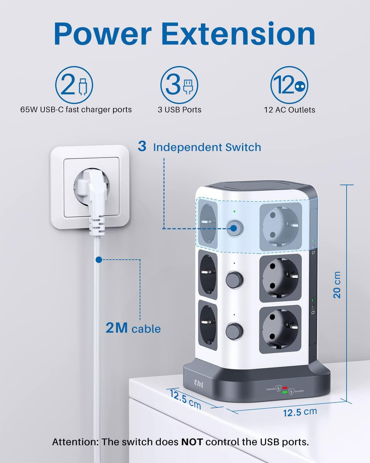 THL [65 W USB C]  12-Way Power Strip Surge Protection with 2 Ports PD Multiple Socket Supports PD3.0/PPS, Socket Tower with 3 USB A (3680 W/16 A) Ideal for Office Table Home, 2 m