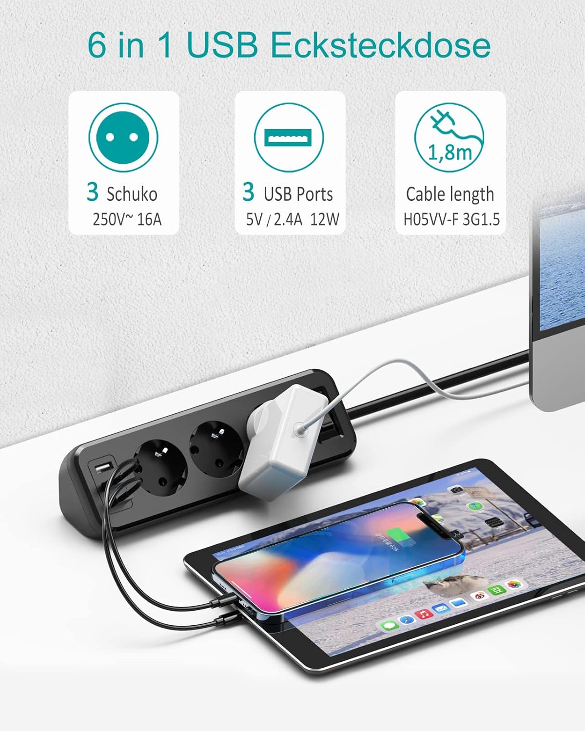 THL 3-Way Power Strip with 3 USB, Multifunctional Distributor Socket, Corner Socket with Switch, Multiple Socket, Overload Protection with 1.8 m Extension Cable for Kitchen
