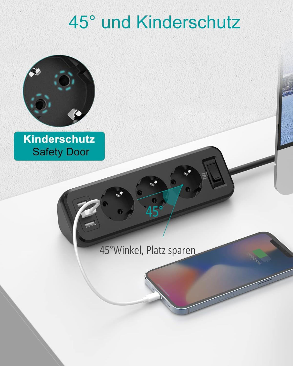 THL 3-Way Power Strip with 3 USB, Multifunctional Distributor Socket, Corner Socket with Switch, Multiple Socket, Overload Protection with 1.8 m Extension Cable for Kitchen