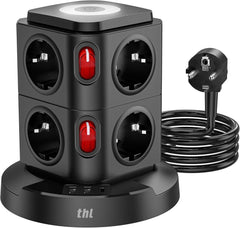 THL 8-Way Multiple Socket, 3680 W Power Strip with USB, LED Socket Tower Plug Strip with Switch, Multiple Plug Surge Protection, 1.8 m Extension Cable, Distribution Socket for Office